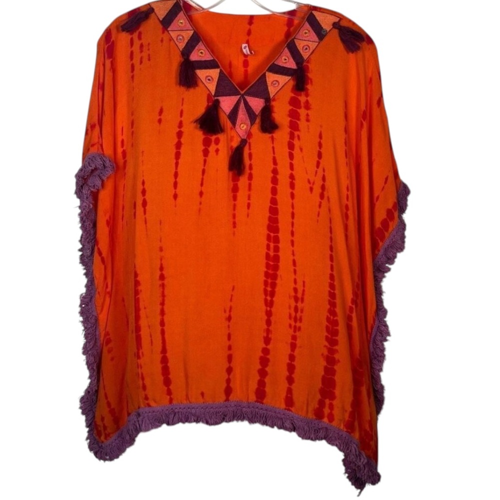 Ondademar Sz 12 Orange Tie Dye Swimsuit Coverup Purple Fringe Trim